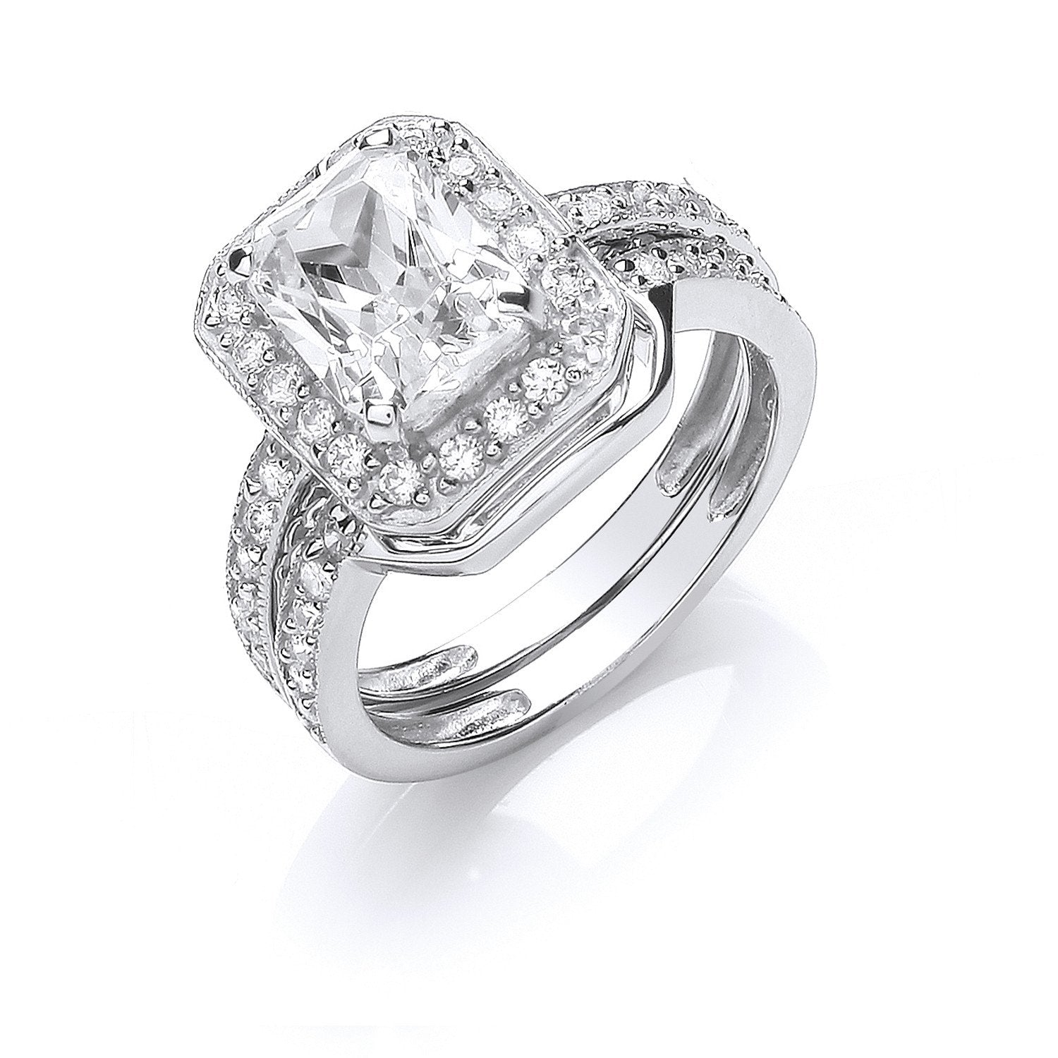 Silver Bridal Set Cubic Zirconia Emerald Cut Centre Rings - Fine Ring - Certified Authentic – Luxury Jewellery by Impe