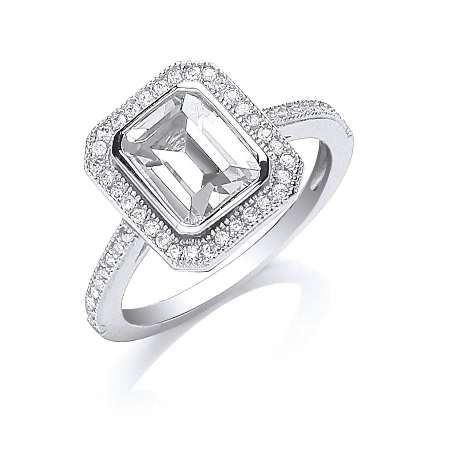 Silver Emerald Cut Cubic Zirconia Centre Ring - Fine Ring - Certified Authentic - Swiss Made – Luxury Jewellery by Imp