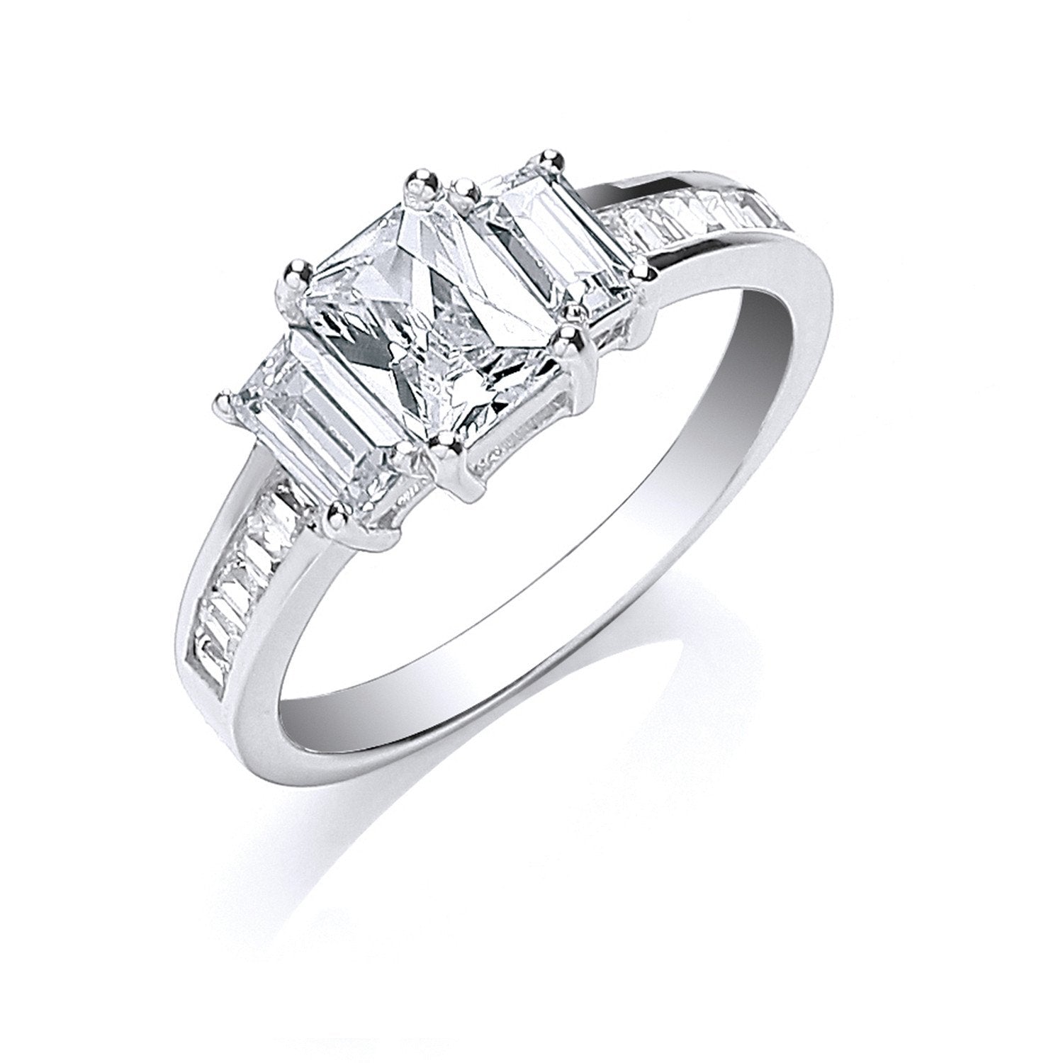 Silver Trilogy with Baguettes Cubic Zirconia & on Shoulder Ring - Fine Ring - Certified Authe – Luxury Jewellery by Im