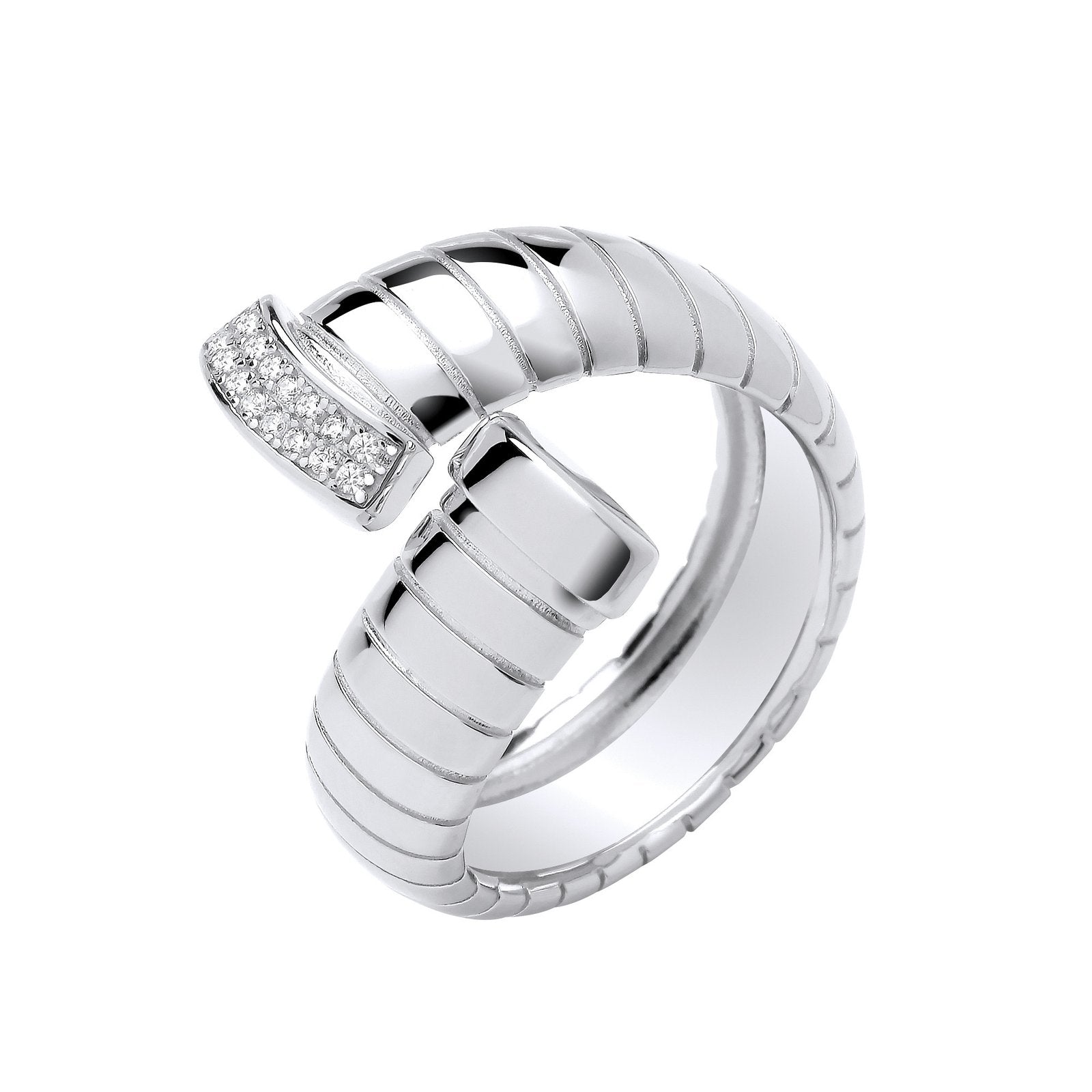 Silver Ribbed Cross-Over Cubic Zirconia Ring - Fine Ring - Certified Authentic - Swiss Made – Luxury Jewellery by Impe