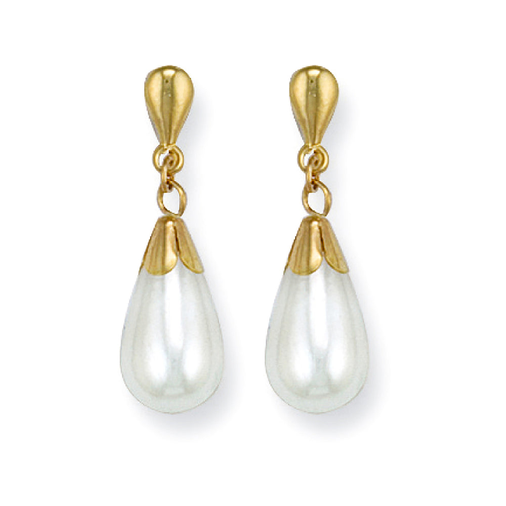Yellow Gold Simulated Pearl Drop Studs – product view