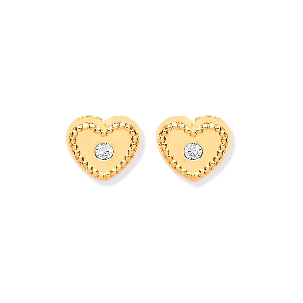 9ct Yellow Gold Heart Ribbed Edge with Cubic Zirconia Studs