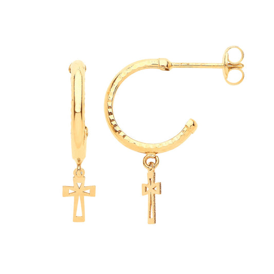 Yellow Gold D/c Hoop Studs With Cross Drop