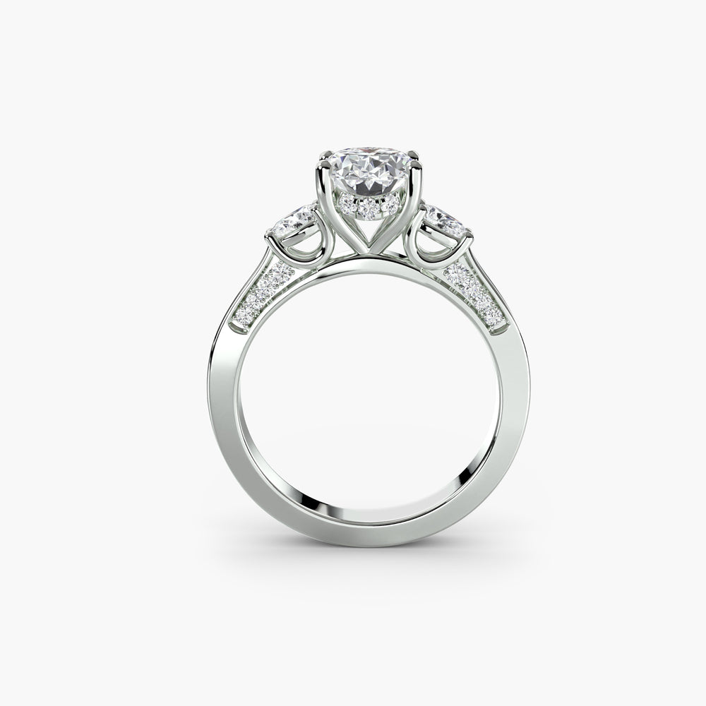 Anello di fidanzamento a tre pietre con pavé sulle spalle da 0,50-3,00 carati con pietre laterali da 0,31 carati in stile matrimonio classico | Imperial Time