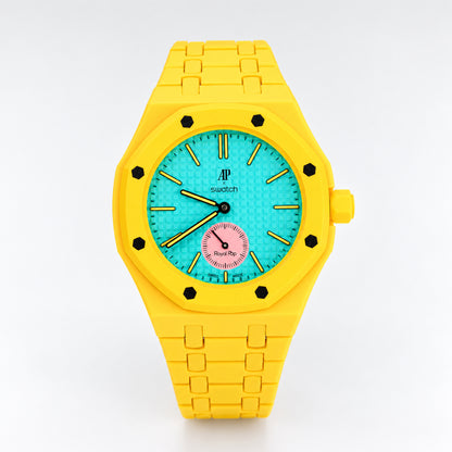 Swatch x Audemars Piguet Royal Pop OTG ROZ SSX03J100N, front view with yellow Bioceramic case and bracelet, teal dial and pink seconds subdial