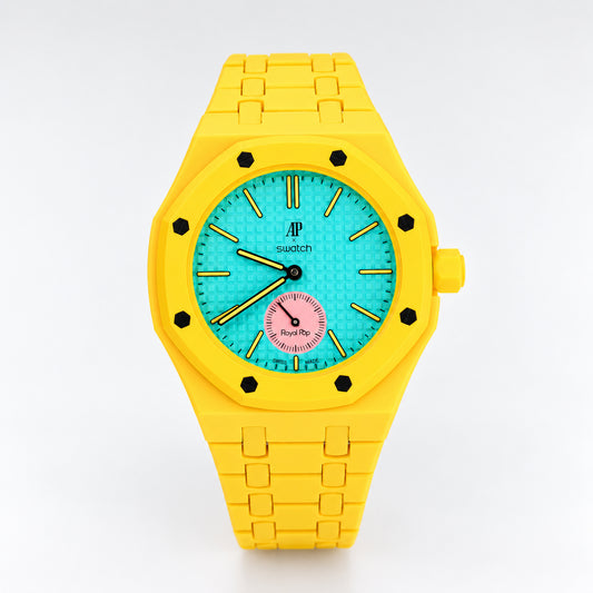 Swatch x Audemars Piguet Royal Pop OTG ROZ SSX03J100N, front view with yellow Bioceramic case and bracelet, teal dial and pink seconds subdial