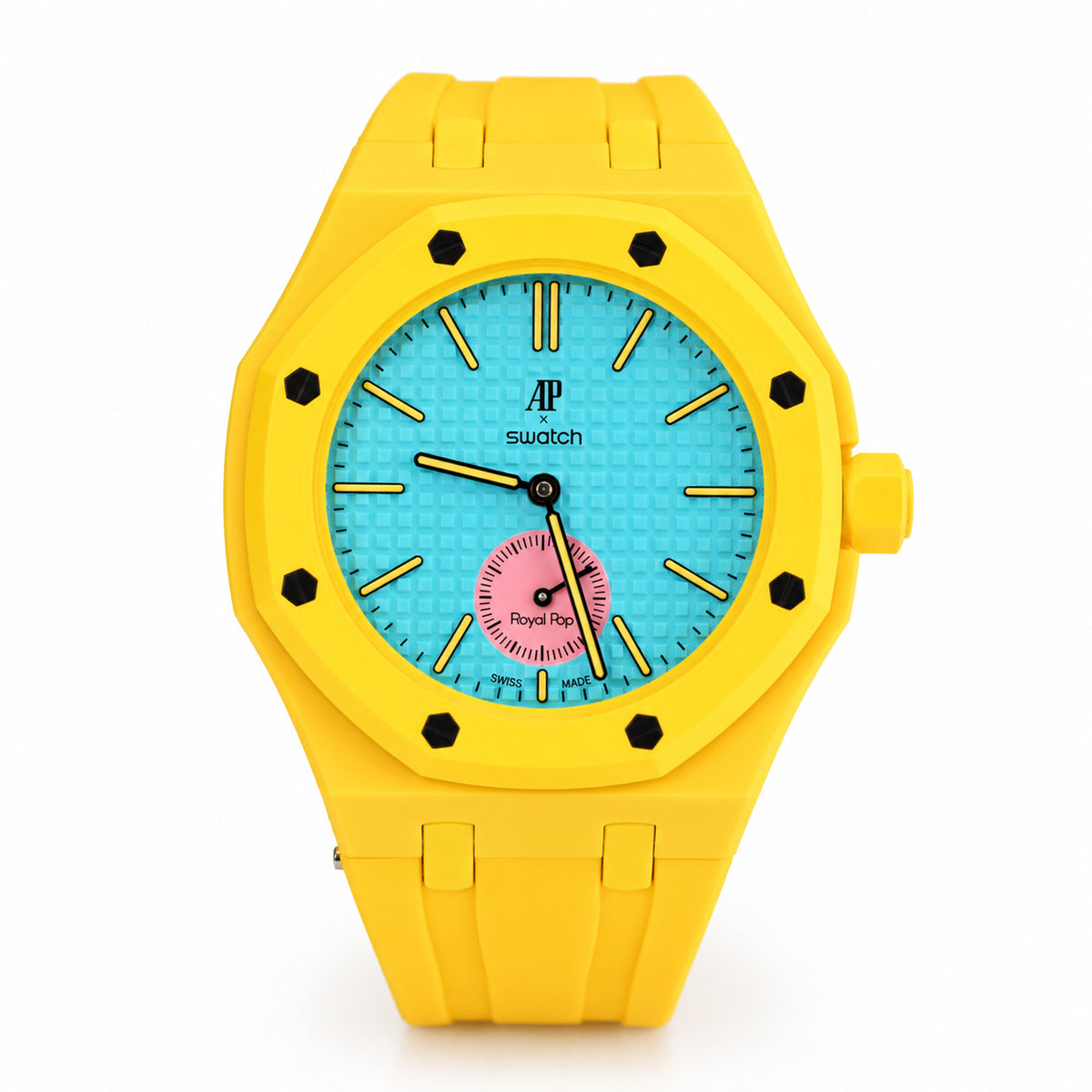 Swatch x AP Royal Pop OTG ROZ SSX03J100N yellow wristwatch with turquoise dial and pink small seconds