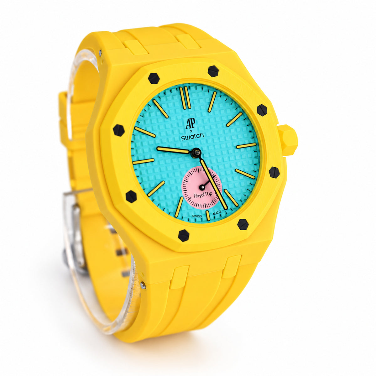 Swatch x Audemars Piguet Royal Pop OTG ROZ yellow octagonal watch with turquoise dial