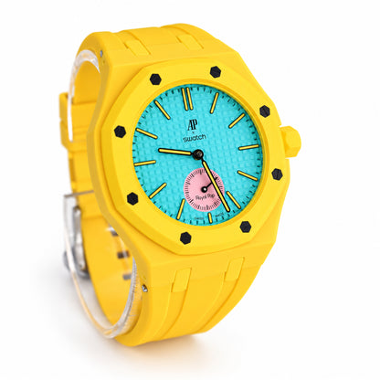 Swatch x Audemars Piguet Royal Pop OTG ROZ yellow octagonal watch with turquoise dial