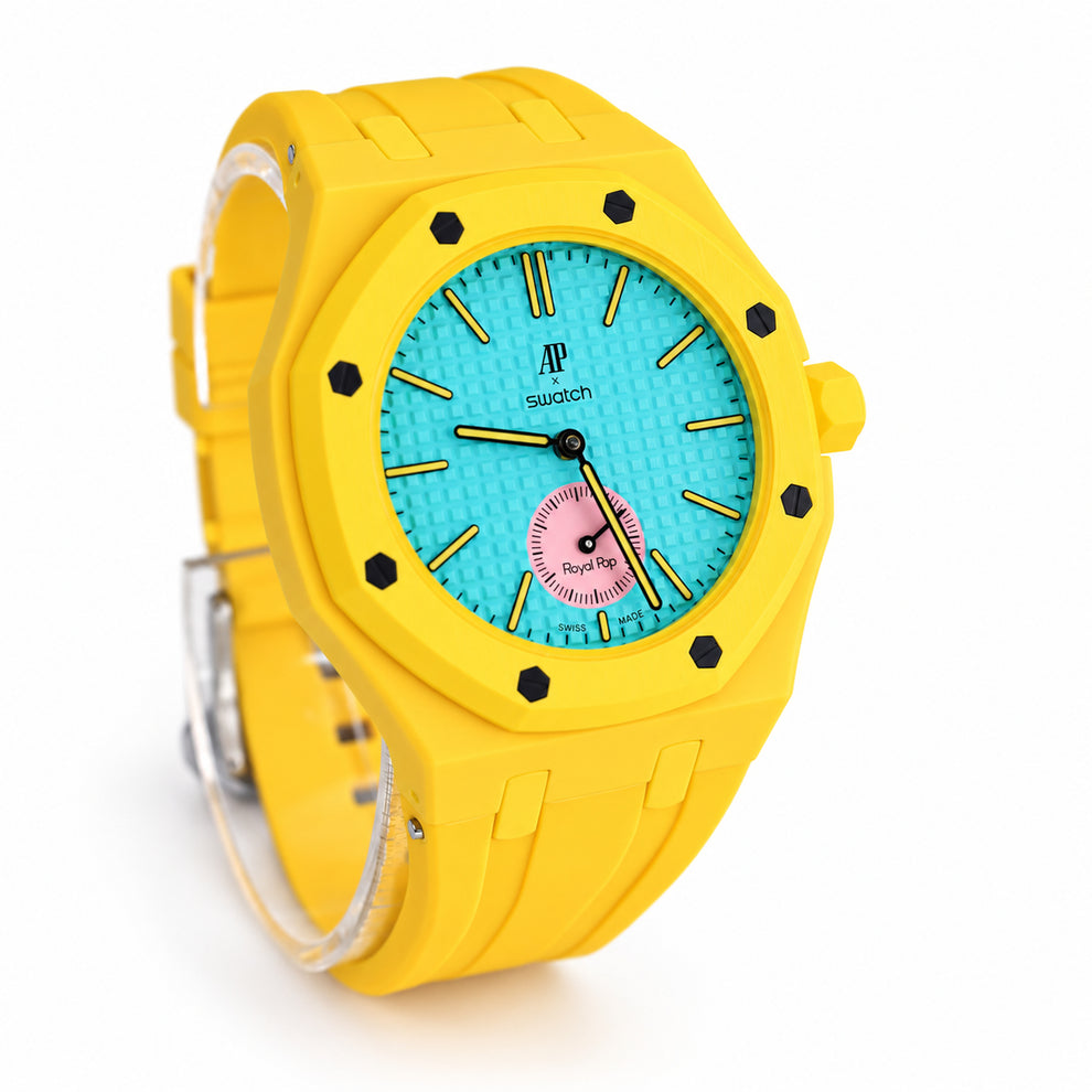 Swatch x Audemars Piguet Royal Pop OTG ROZ yellow octagonal watch with turquoise dial