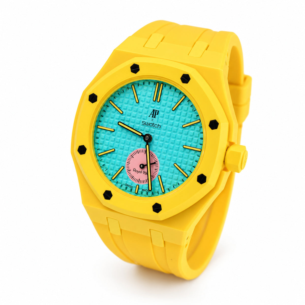 Yellow Royal Pop OTG ROZ SSX03J100N watch showing contrasting pink seconds subdial