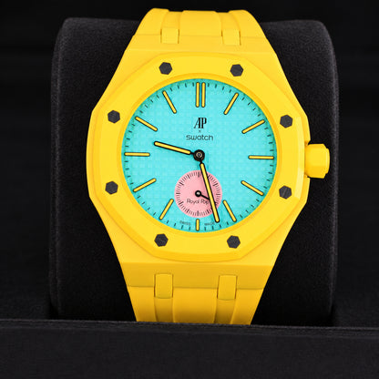 Royal Pop OTG ROZ SSX03J100N watch with yellow Bioceramic case and linked rubber bracelet