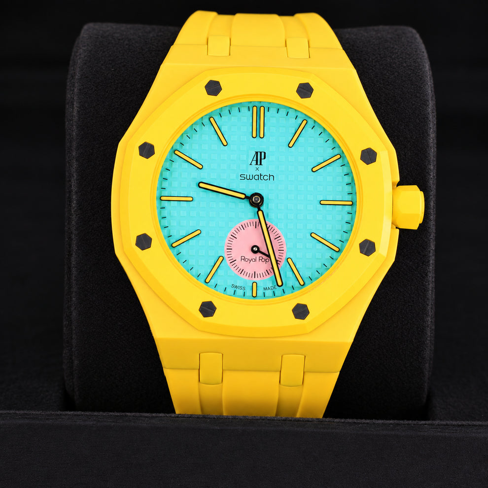 Royal Pop OTG ROZ SSX03J100N watch with yellow Bioceramic case and linked rubber bracelet