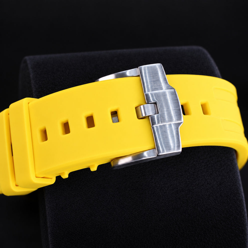 Royal Pop OTG ROZ yellow wristwatch configuration with matching rubber bracelet