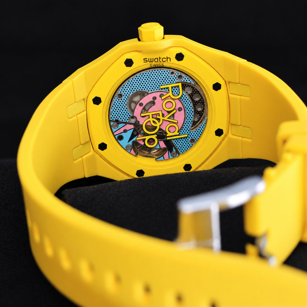 Swatch x AP OTG ROZ yellow watch with turquoise tapisserie-effect dial