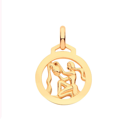 Yellow Gold  Round Zodiac Pendant  Aquarius