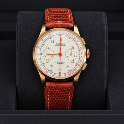 Exactus Chronographe Antimagnetic 17 Rubis vintage chronograph front view with silver dial and brown leather strap