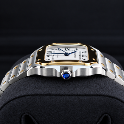 Cartier Santos W2SA0016 case profile and seven-sided crown with blue spinel
