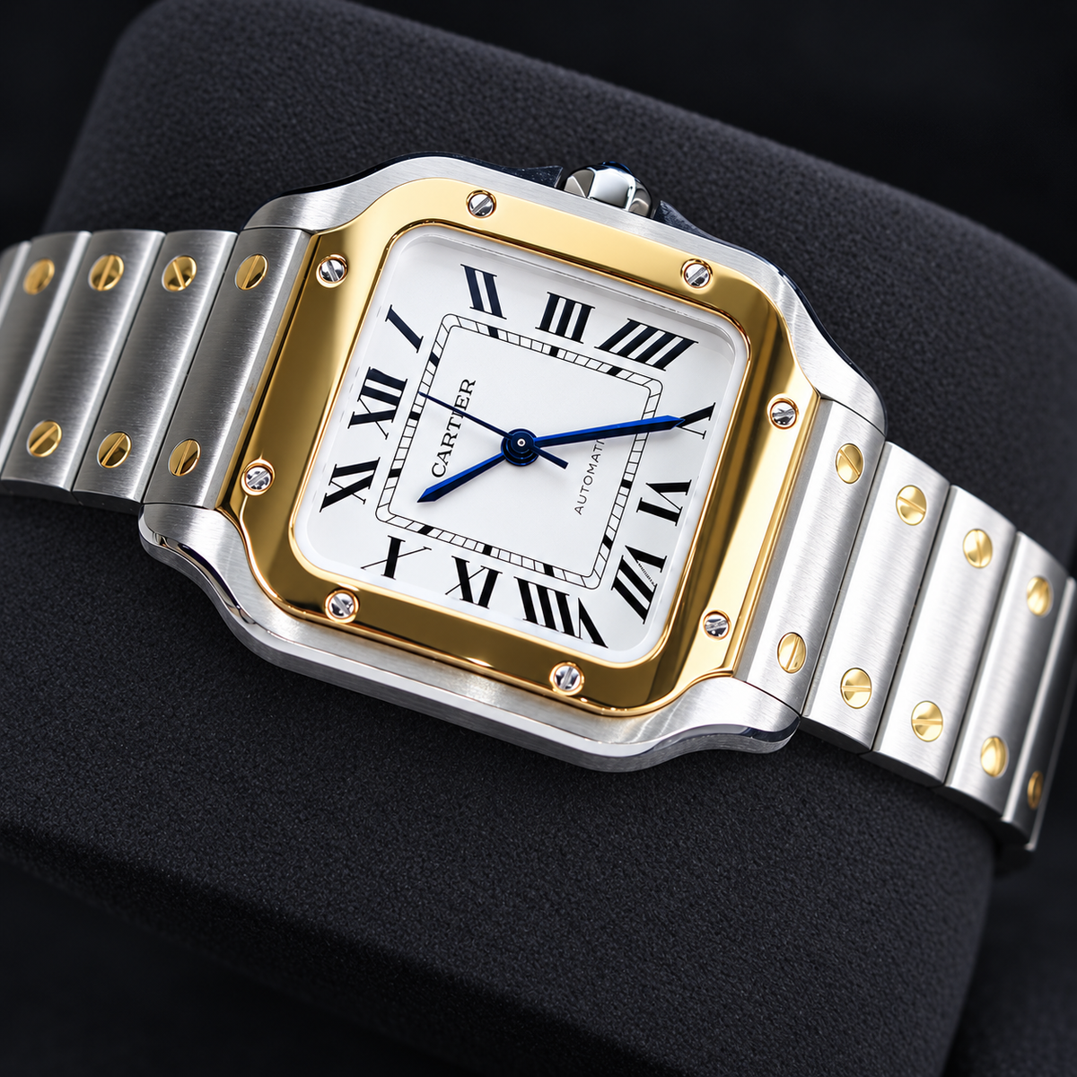 Cartier Santos de Cartier W2SA0016 angled view with silvered opaline Roman numeral dial