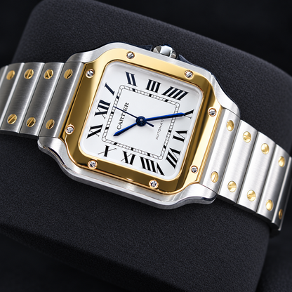 Cartier Santos de Cartier W2SA0016 angled view with silvered opaline Roman numeral dial