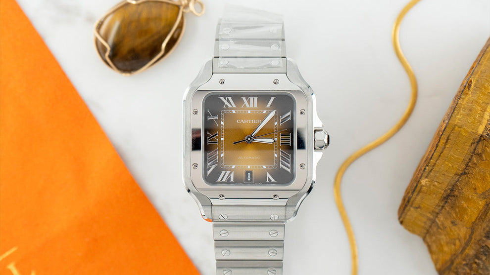 nan cartier santos wssa0065 large brown dial 2024 interchangeable leather strap - product image from Imperial Time UK Ltd