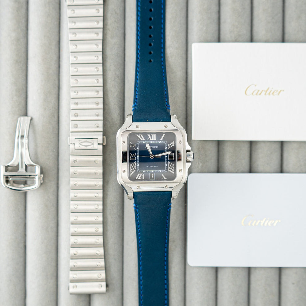nan cartier de santos wssa0071 large blue dial interchangeable leather strap - product image from Imperial Time UK Ltd