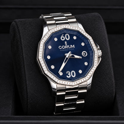 Corum Admiral's Cup Legend 38 automatic stainless steel watch with blue dial and original diamond-set bezel