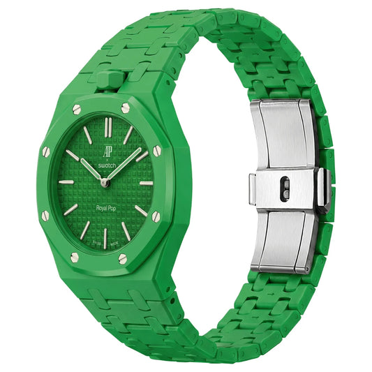 A green watch with a matching green textured link bracelet and a silver-toned clasp, shown on a plain white background.