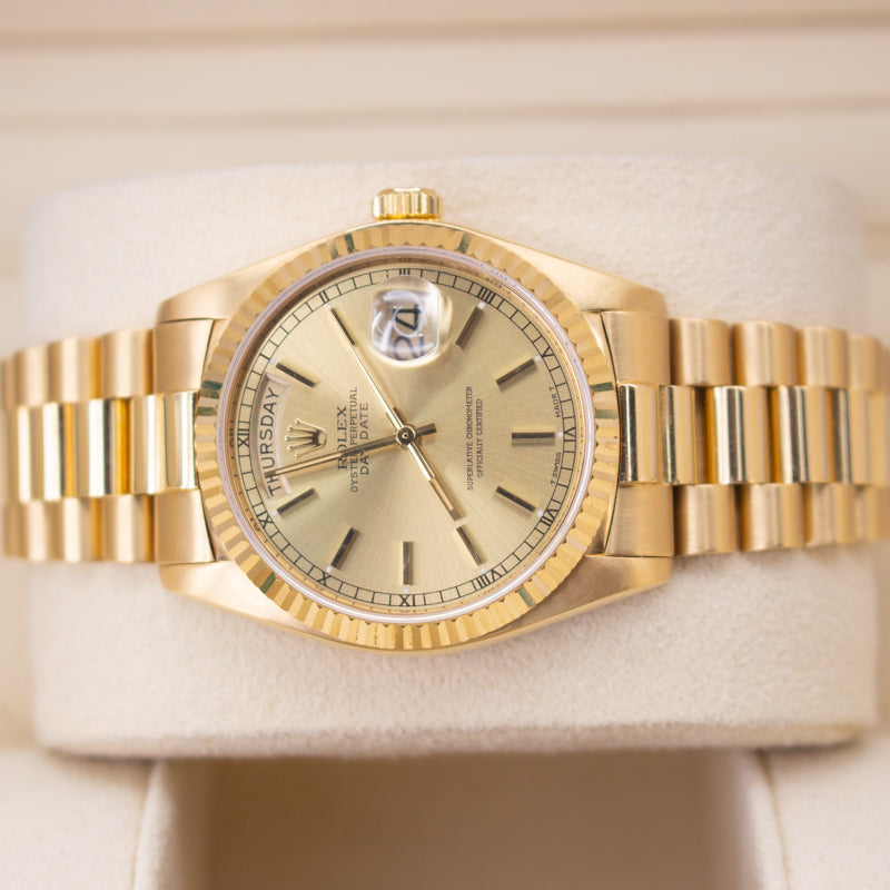 Rolex Day Date 18038 President Bracelet Champagne Dial Yellow Gold Pristine Condition Fluted Bezel 40 Mm Mechanical Watch - product image from Imperial T...