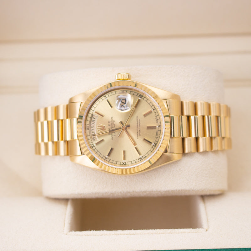 Rolex Day Date 18038 President Bracelet Champagne Dial Yellow Gold Pristine Condition Fluted Bezel 40 Mm Mechanical Watch - product image from Imperial T...