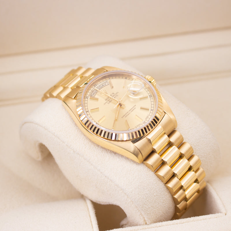 Rolex Day Date 18038 President Bracelet Champagne Dial Yellow Gold Pristine Condition Fluted Bezel 40 Mm Mechanical Watch - product image from Imperial T...