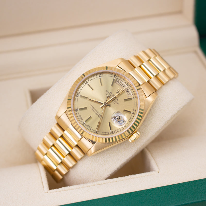 Rolex Day Date 18038 President Bracelet Champagne Dial Yellow Gold Pristine Condition Fluted Bezel 40 Mm Mechanical Watch - product image from Imperial T...