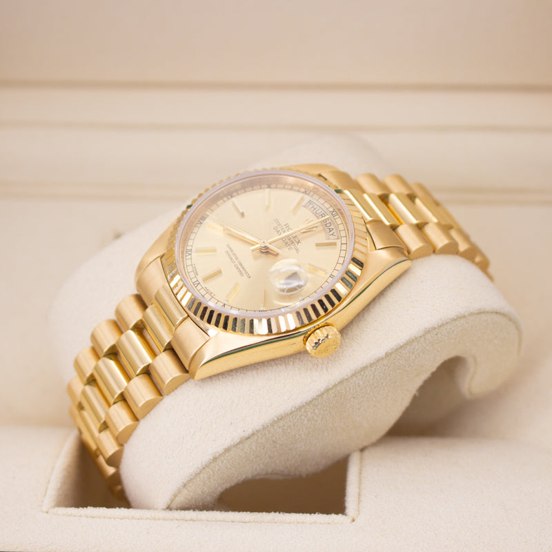 Rolex Day Date 18038 President Bracelet Champagne Dial Yellow Gold Pristine Condition Fluted Bezel 40 Mm Mechanical Watch - product image from Imperial T...