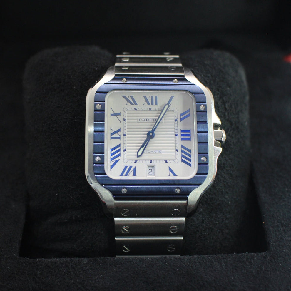 nan cartier de santos large steel silver blue bial men s automatic watch - product image from Imperial Time UK Ltd