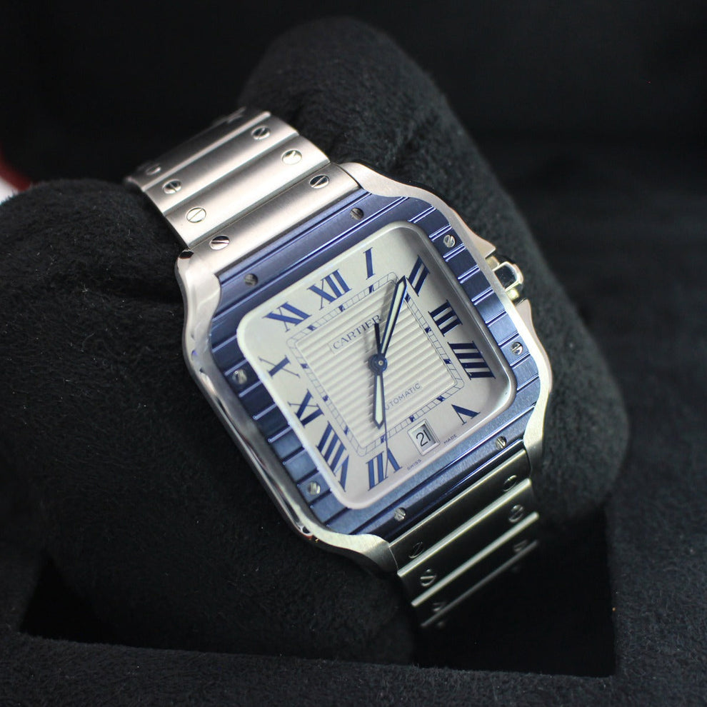 nan cartier de santos large steel silver blue bial men s automatic watch - product image from Imperial Time UK Ltd