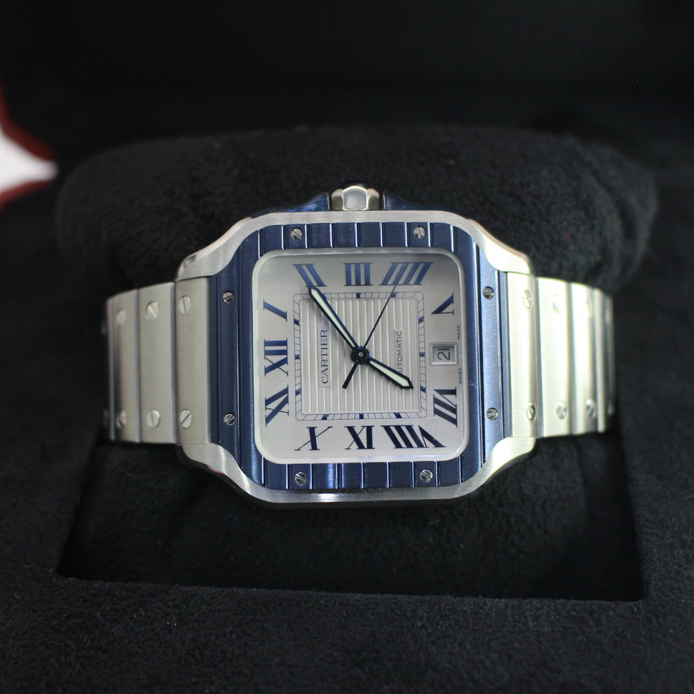 nan cartier de santos large steel silver blue bial men s automatic watch - product image from Imperial Time UK Ltd