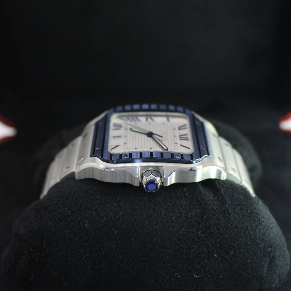 nan cartier de santos large steel silver blue bial men s automatic watch - product image from Imperial Time UK Ltd