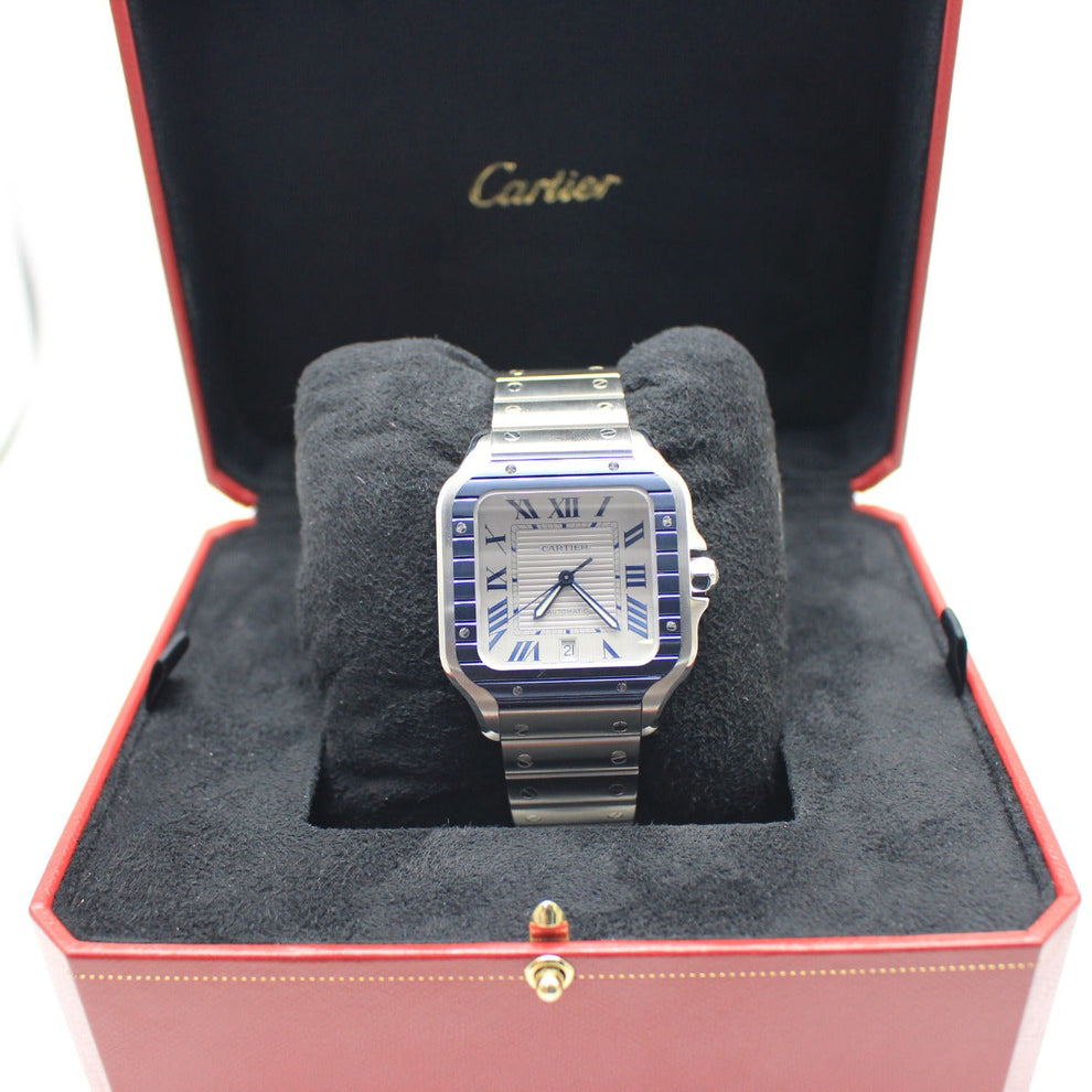 nan cartier de santos large steel silver blue bial men s automatic watch - product image from Imperial Time UK Ltd