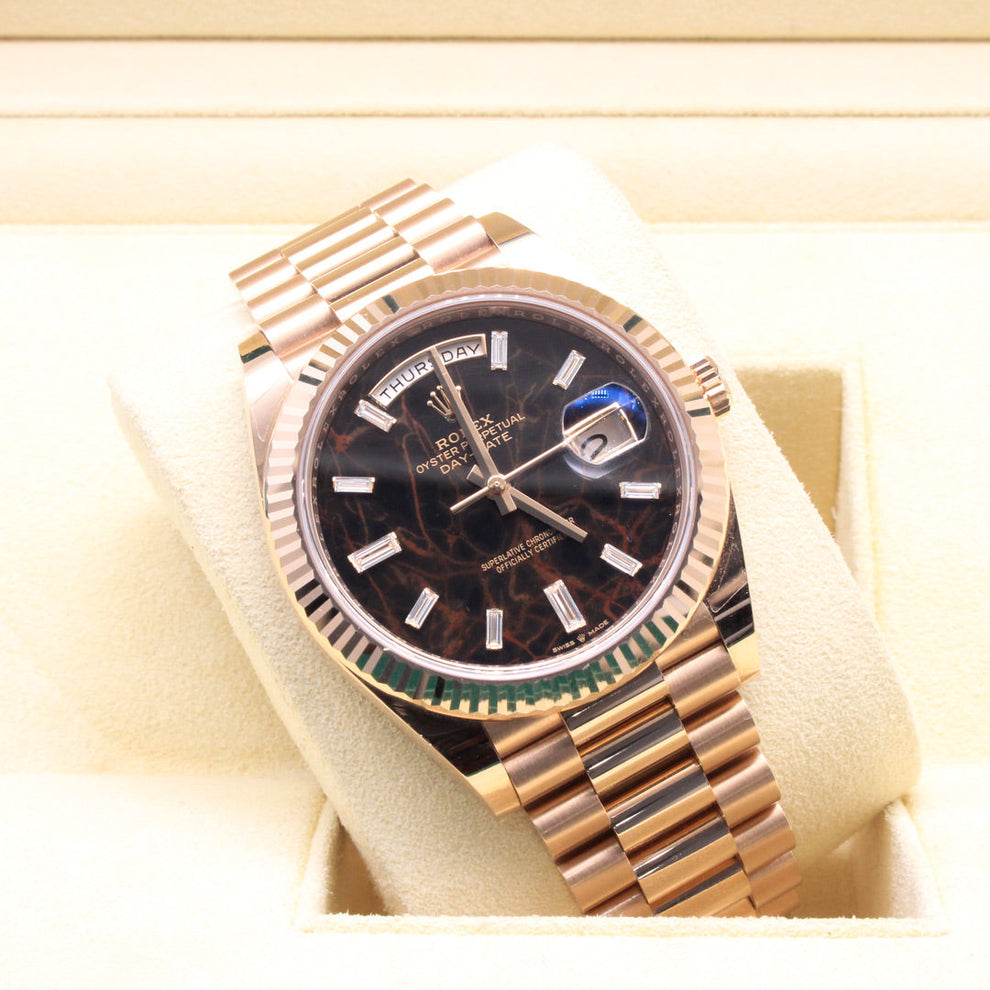 Rolex Day Date 228235 President Bracelet Black Dial Rose Gold 2022 Unworn Condition Fluted Bezel 40 Mm Mechanical Watch - product image from Imperial Tim...