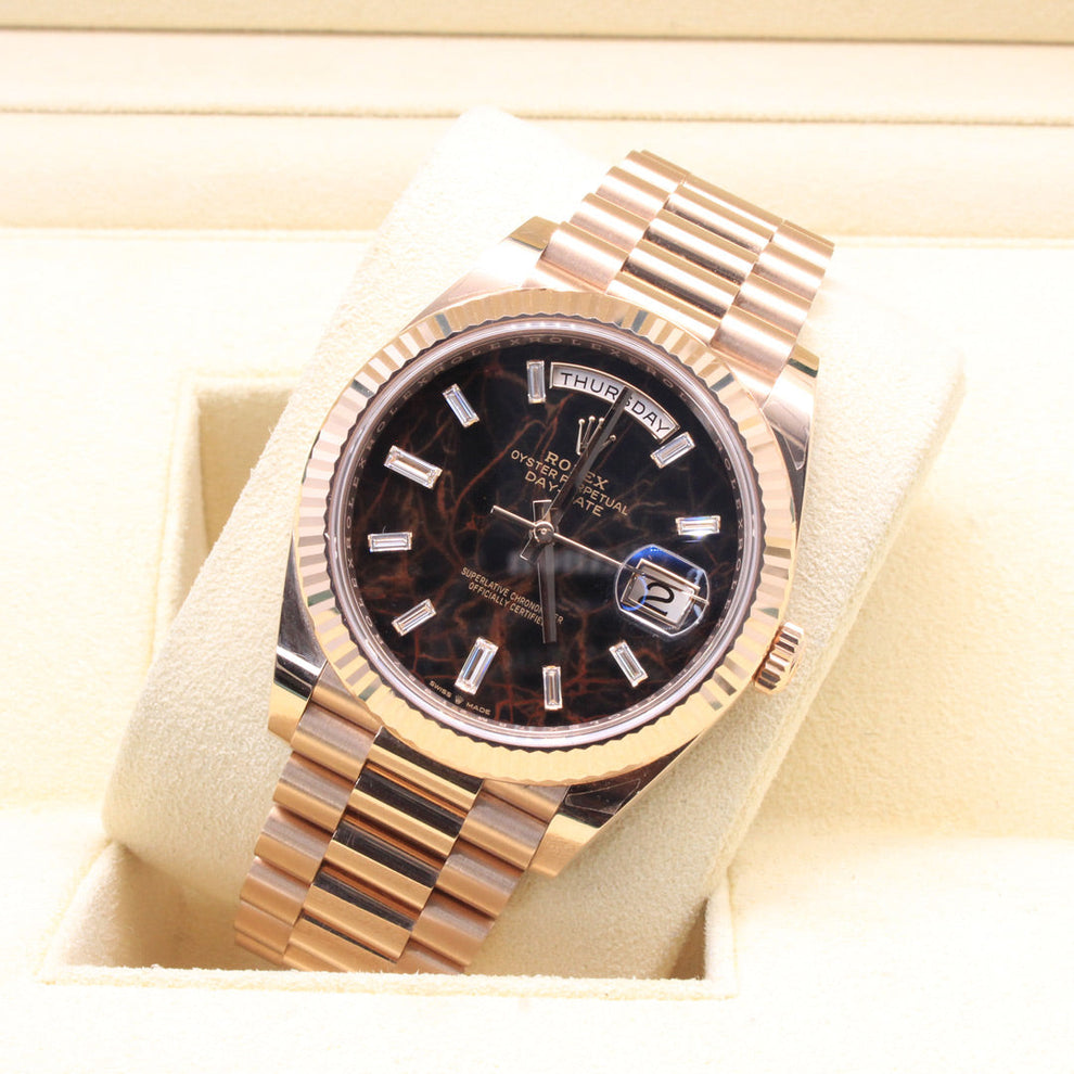 Rolex Day Date 228235 President Bracelet Black Dial Rose Gold 2022 Unworn Condition Fluted Bezel 40 Mm Mechanical Watch - product image from Imperial Tim...