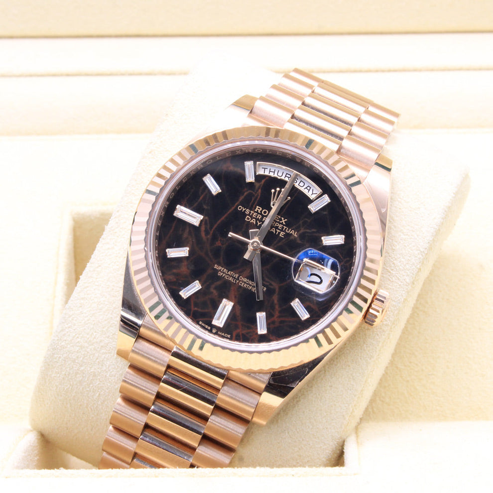 Rolex Day Date 228235 President Bracelet Black Dial Rose Gold 2022 Unworn Condition Fluted Bezel 40 Mm Mechanical Watch - product image from Imperial Tim...