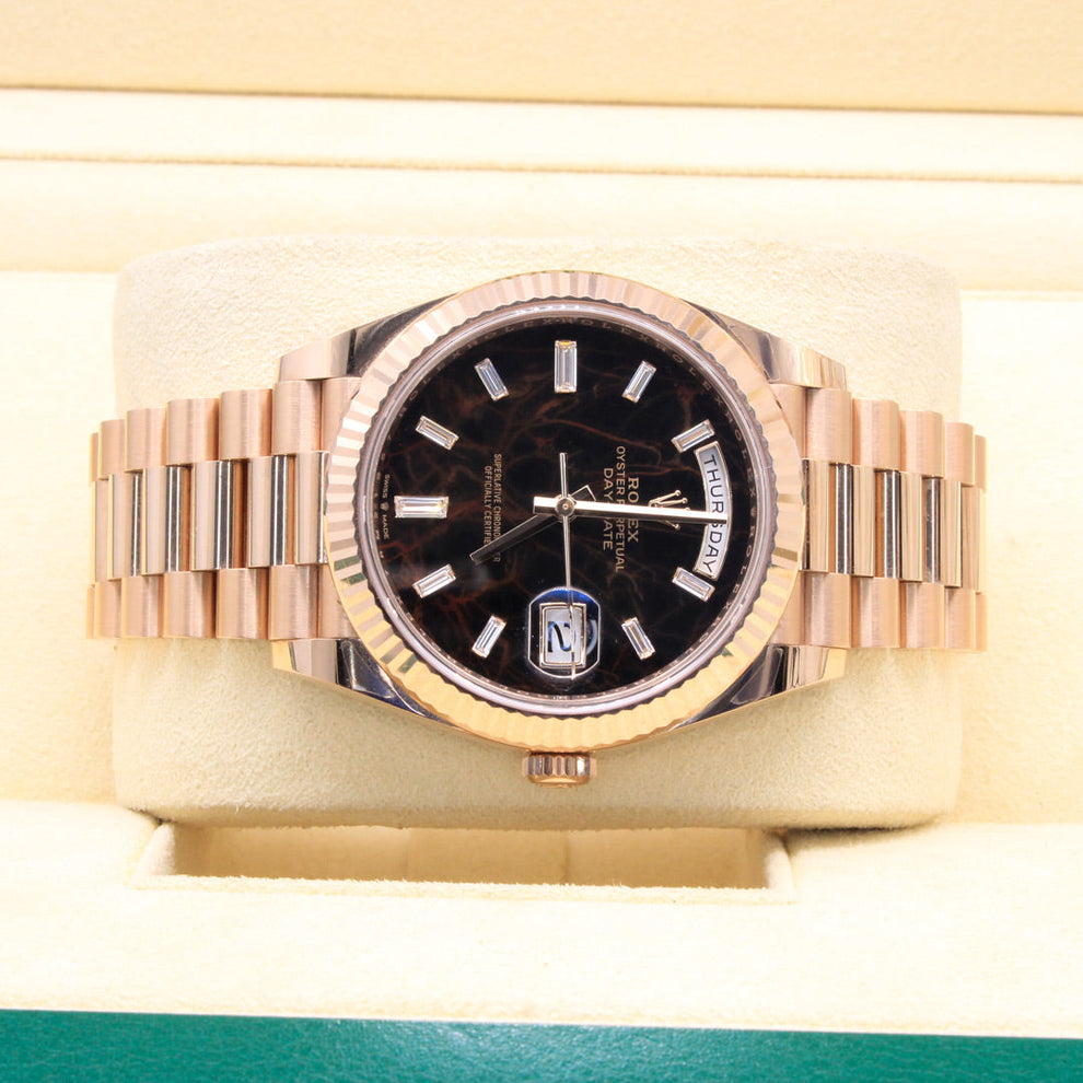Rolex Day Date 228235 President Bracelet Black Dial Rose Gold 2022 Unworn Condition Fluted Bezel 40 Mm Mechanical Watch - product image from Imperial Tim...