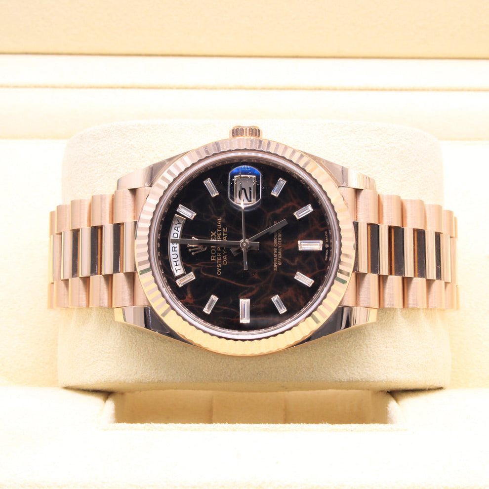 Rolex Day Date 228235 President Bracelet Black Dial Rose Gold 2022 Unworn Condition Fluted Bezel 40 Mm Mechanical Watch - product image from Imperial Tim...