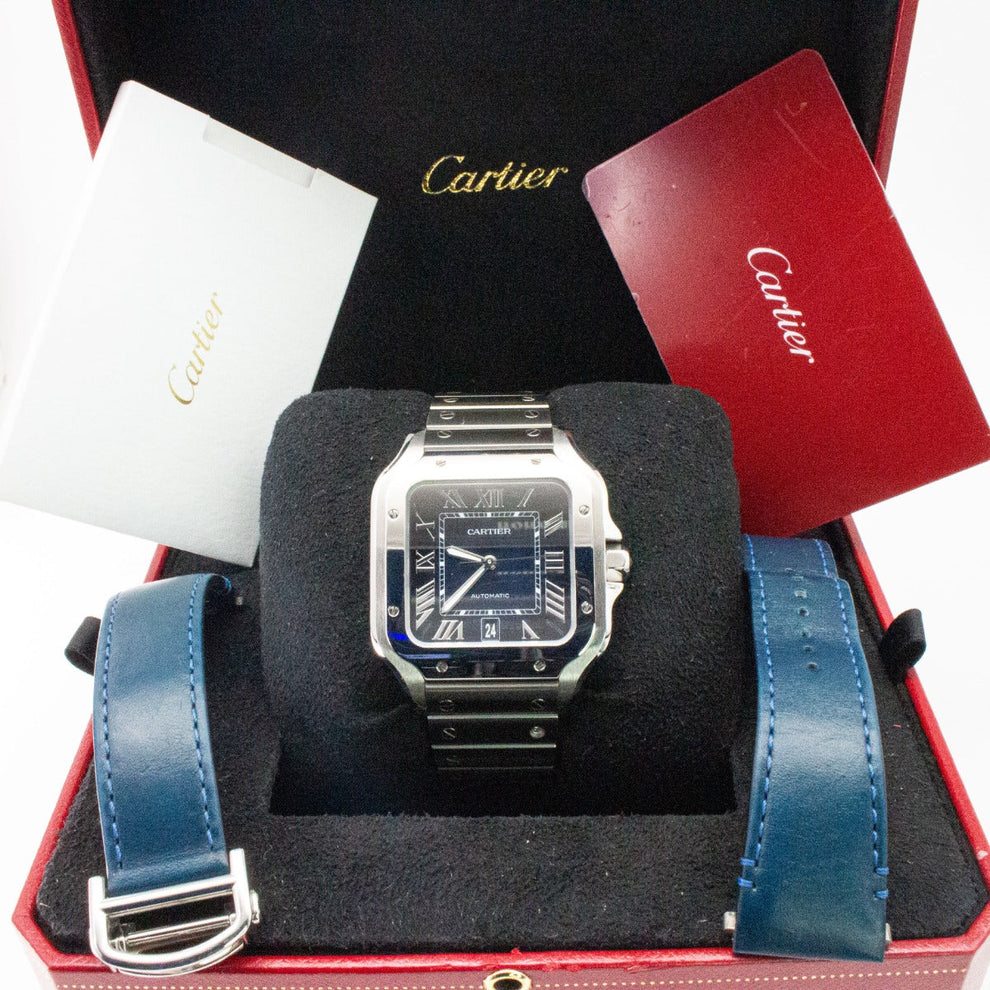 nan cartier de santos wssa0030 large blue dial interchangeable leather strap - product image from Imperial Time UK Ltd