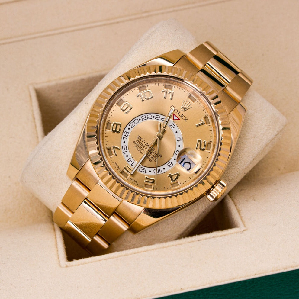 Rolex Skydweller Champagne 326938 Oyster Bracelet Gold Dial Yellow Gold Pristine Condition Fluted Bezel 40 Mm Mechanical Watch - product image from Imper...