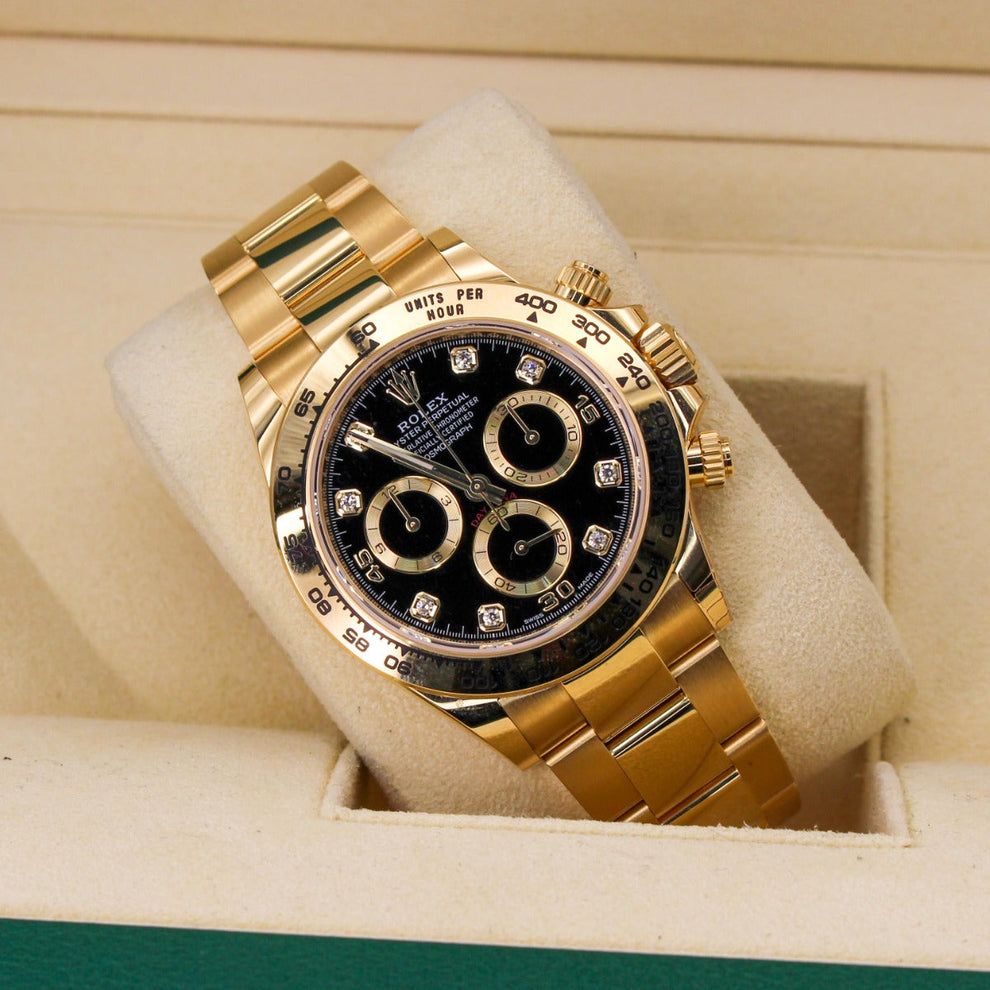 Rolex Daytona 116508 40 mm yellow gold case with factory-original black diamond dial