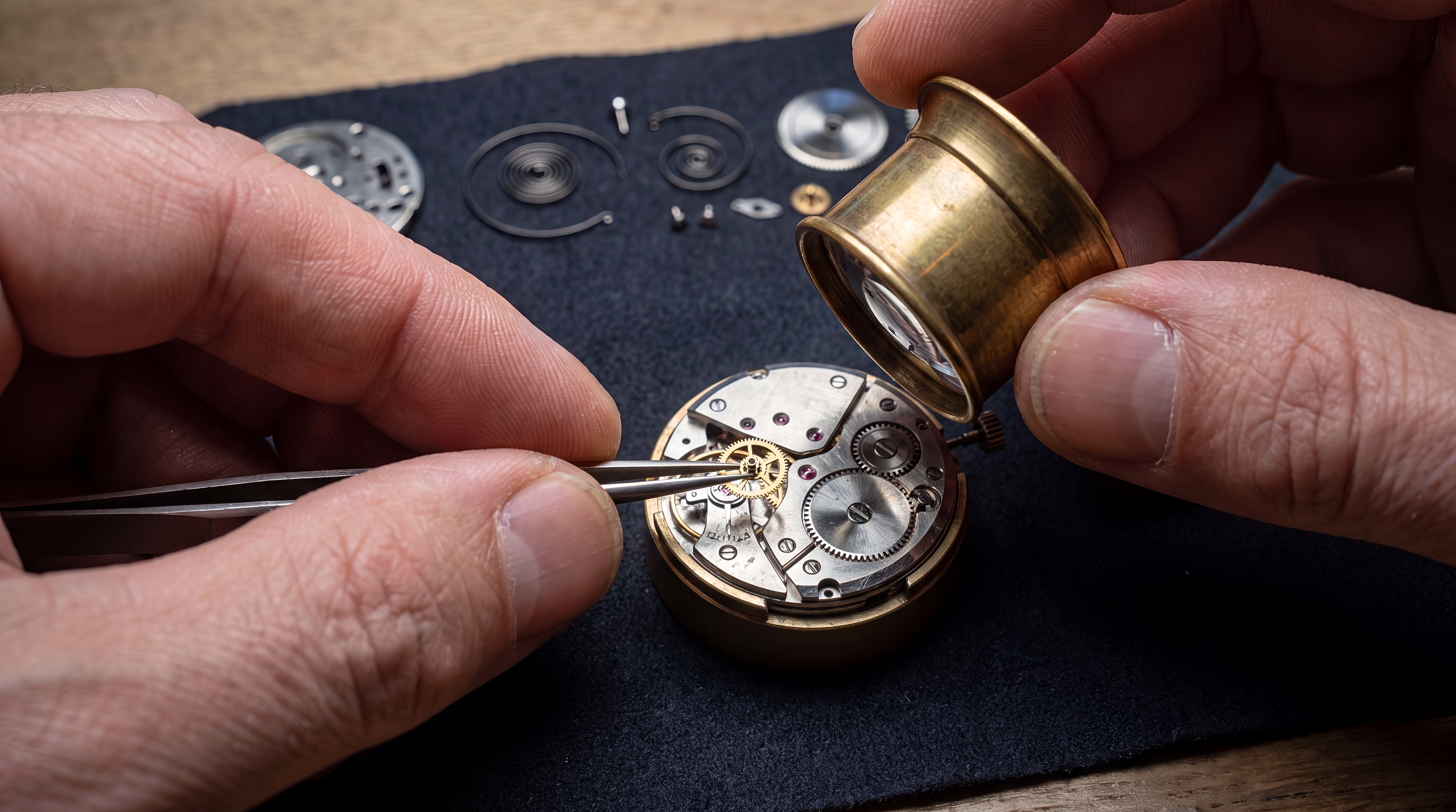 Specialist examining a mechanical watch during a professional valuation at Imperial Time Kensington