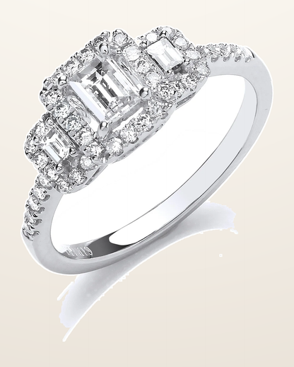 IT_ROLE:detail_crop | 18ct White Gold Emerald Cut 0.75ct Halo style Trilogy Ring