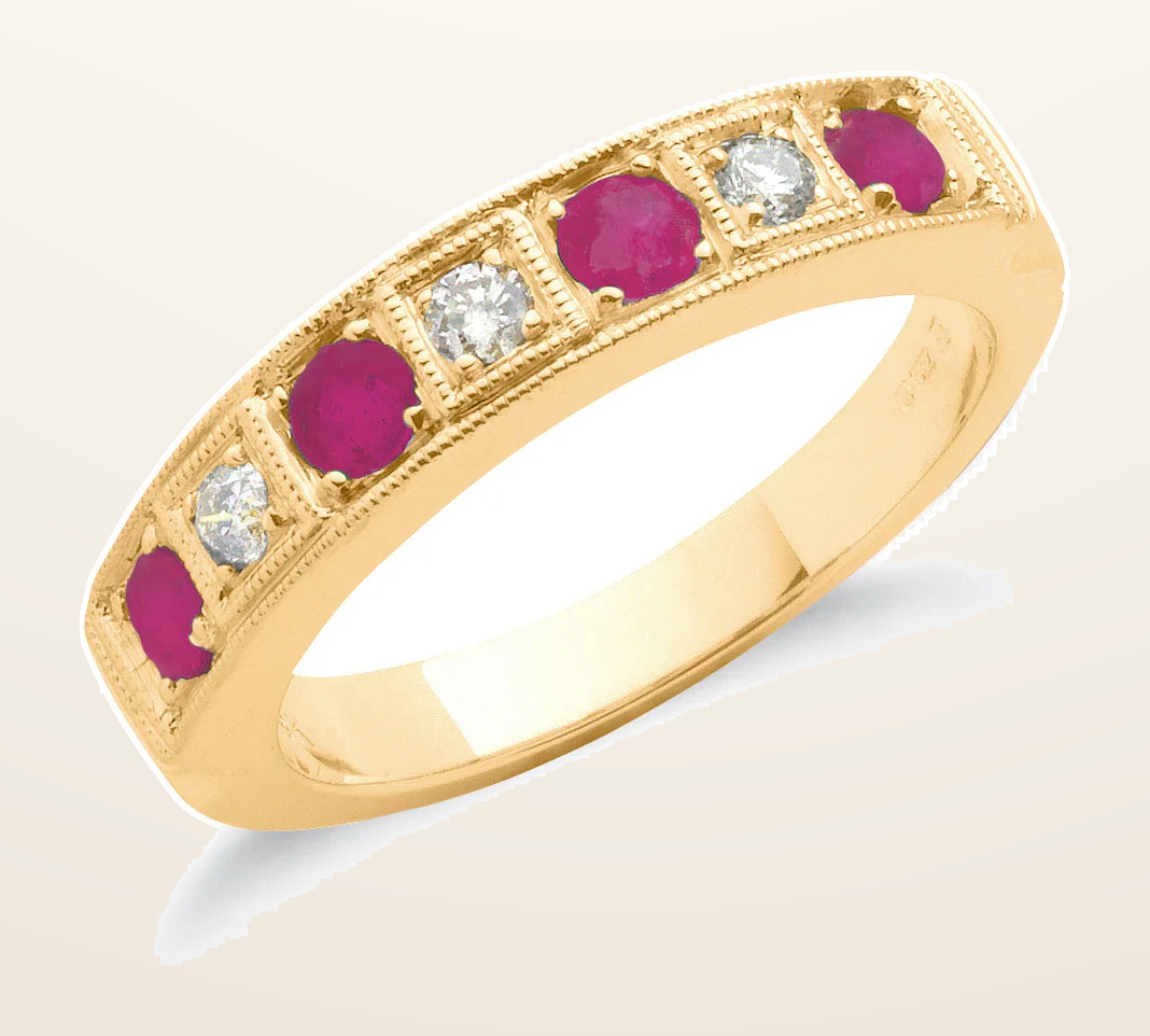 IT_ROLE:detail_crop | 18ct Yellow Gold 0.15ct Diamond & 0.80ct Ruby Eternity Ring