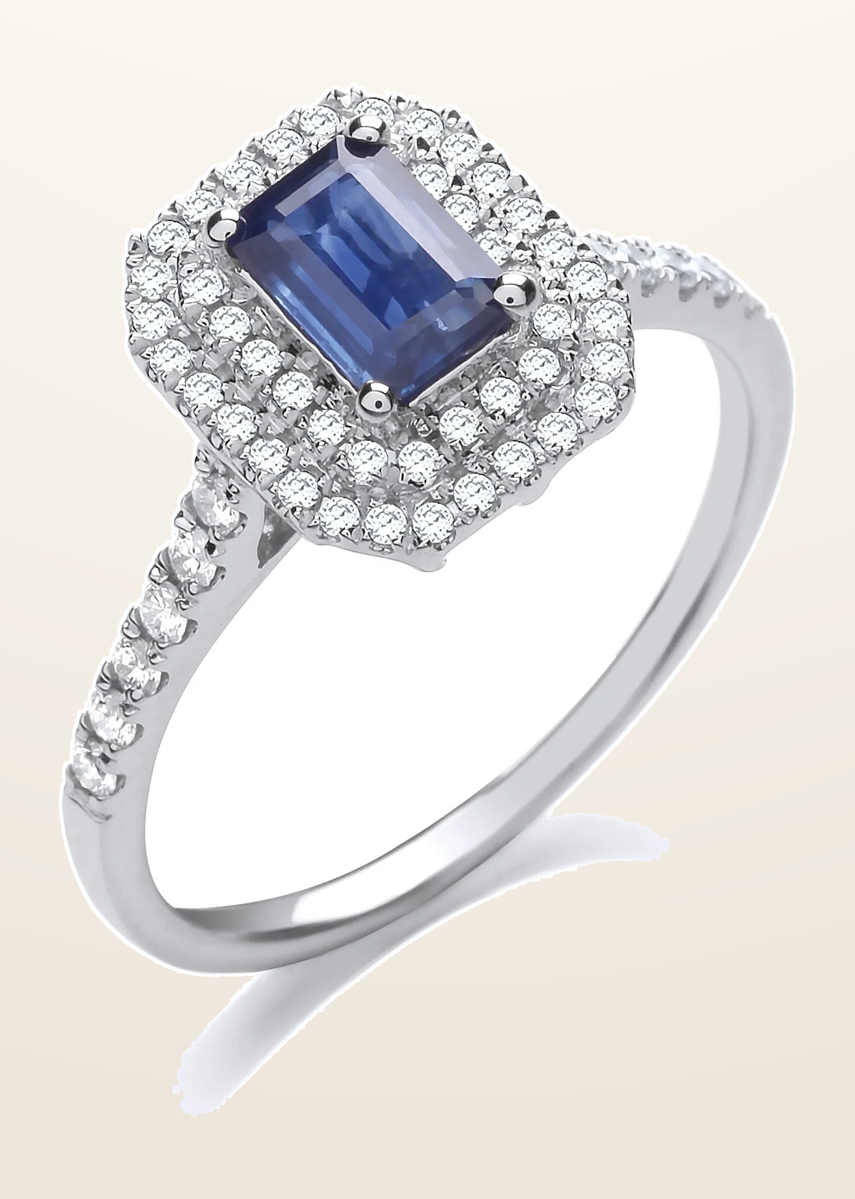 IT_ROLE:detail_crop | 9ct White Gold 0.30ct Double Halo Diamond 0.66ct Emerald Cut Sapphire Ring